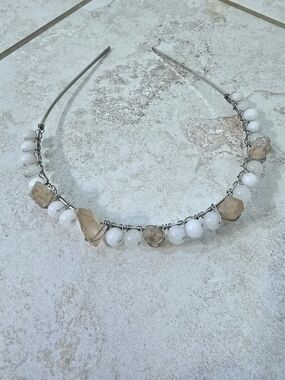 Handcrafted White and Beige Bead Wire-Wrapped Headband